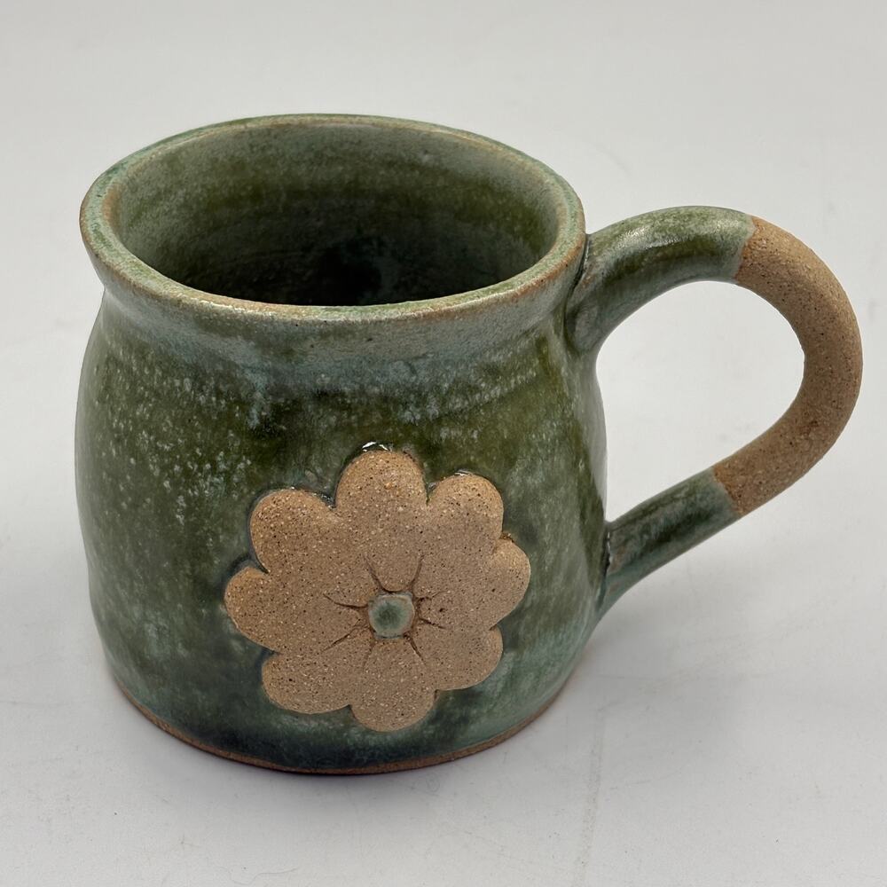 Handmade Studio Pottery Mug Green Glaze Flower Stoneware Rustic Artisan Cup